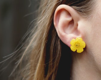 Buttercup Studs, Sterling Silver Studs, Yellow Flower Earrings, Quirky Stud Earrings, Flower Lover Gift