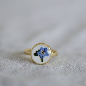 Forget Me Not 24ct Gold Plated Ring, Pressed Flower Resin Jewellery, Adjustable Ring, Bespoke Remembrance Gift for Her