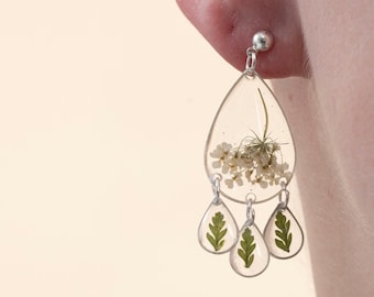 Queen Anne and Fern Earrings, Flower Resin Earring, Sterling Silver Stud, Floral Lover Gift, Small Stud Earrings, Gift for Her, Chandelier