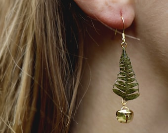 Christmas Tree Earrings, Gold Plated Wire, Xmas Jewellery, Novelty Christmas Earrings, Christmas Bell Earrings, Fern Resin