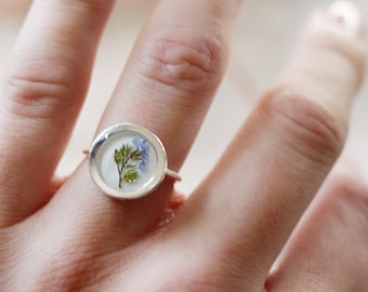 Forget Me Not Sterling Silver Ring, Pressed Flower Resin Jewellery, Adjustable Ring, Bespoke Remembrance Gift for Her