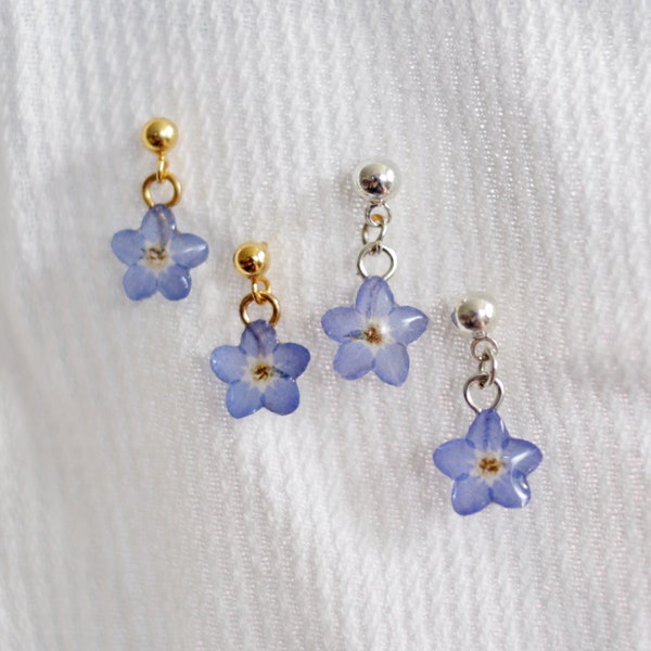 Forget Me Not Dangle Stud, Flower Resin Earring, Sterling Silver Stud, Floral Lover Gift, Small Stud Earrings, Gift for Her