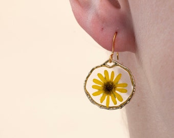 Yellow Pressed Flower Earrings, Sterling Silver and Gold Plated Wire, Clip-on Earrings, Geometric Earrings, Boho Wedding Earrings