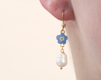 Forget Me Not Earrings, Natural Freshwater Pearl Earrings, Sterling Silver / Gold Plated / Clip-on, Boho Wedding Earring