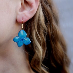 Blue Flower Earrings, Blue Turquoise Hydrangea Resin Earrings, Real Pressed Flowers, Drop and Dangle Hoop Jewellery, Gift for her image 1