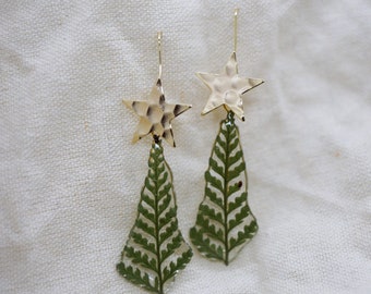 Christmas Tree Earrings, Gold Plated Wire, Xmas Jewellery, Novelty Christmas Earrings, Christmas Bell Earrings, Fern Resin