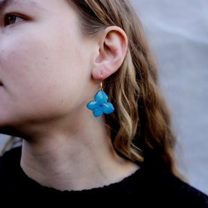 Blue Flower Earrings, Blue Turquoise Hydrangea Resin Earrings, Real Pressed Flowers, Drop and Dangle Hoop Jewellery, Gift for her image 3