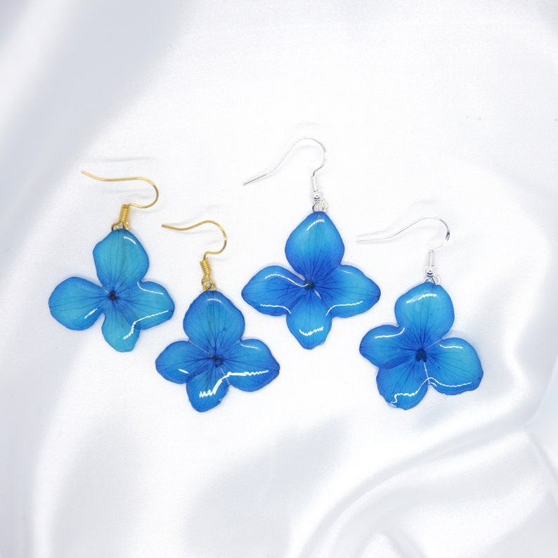 Blue Flower Earrings, Blue Turquoise Hydrangea Resin Earrings, Real Pressed Flowers, Drop and Dangle Hoop Jewellery, Gift for her image 2