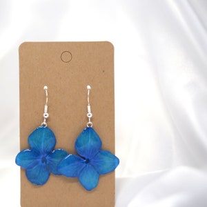 Blue Flower Earrings, Blue Turquoise Hydrangea Resin Earrings, Real Pressed Flowers, Drop and Dangle Hoop Jewellery, Gift for her image 8