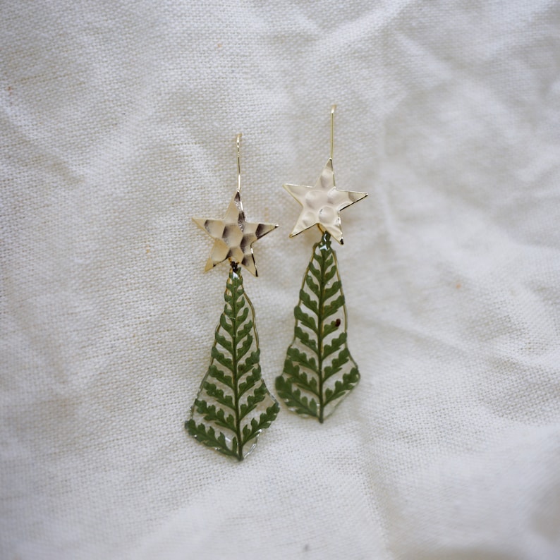 Christmas Tree Earrings, Gold Plated Wire, Xmas Jewellery, Novelty Christmas Earrings, Christmas Bell Earrings, Fern Resin image 1