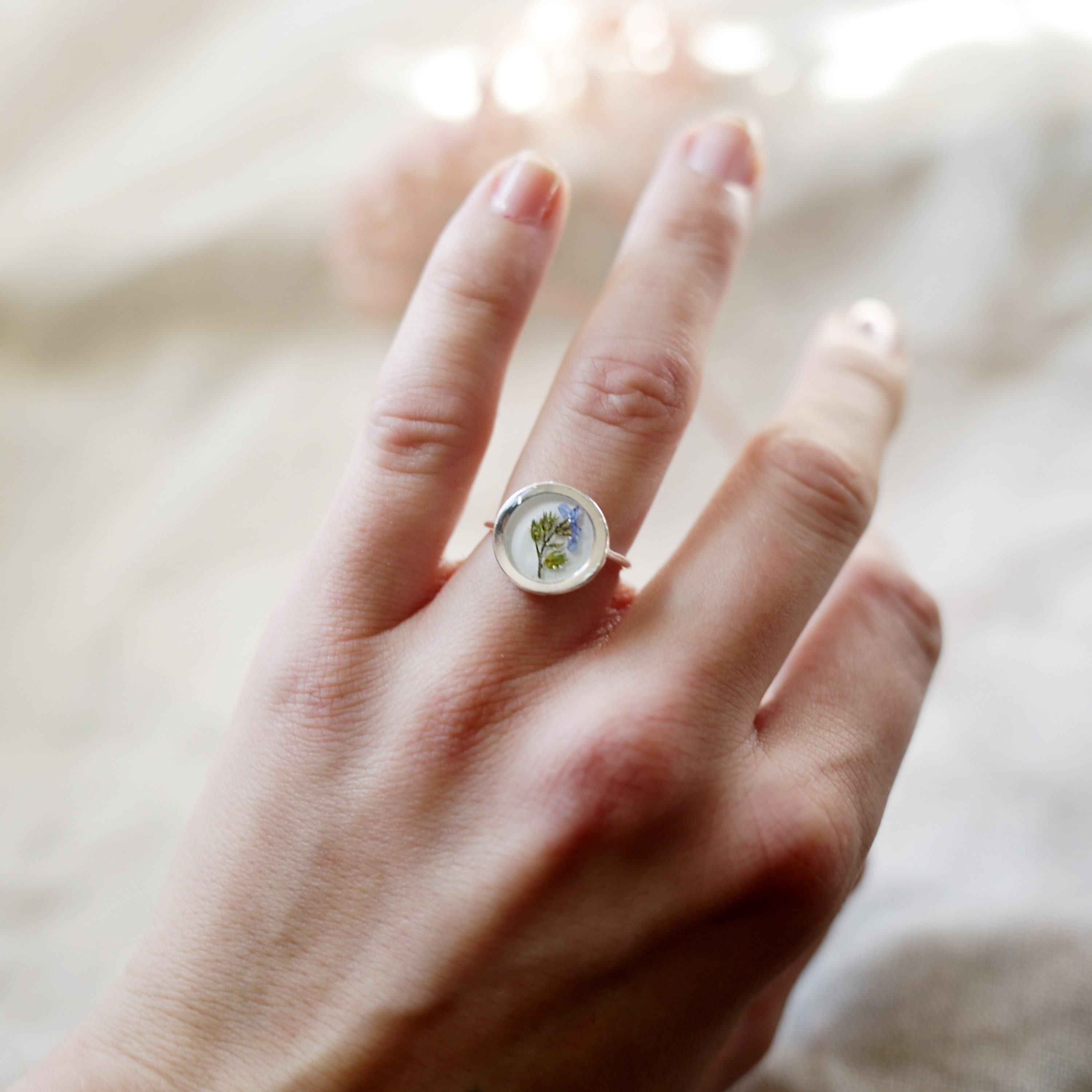 Forget Me Not Sterling Silver Ring Pressed Flower Resin Jewellery