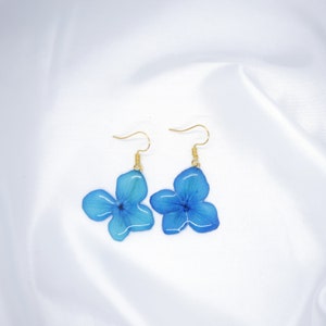 Blue Flower Earrings, Blue Turquoise Hydrangea Resin Earrings, Real Pressed Flowers, Drop and Dangle Hoop Jewellery, Gift for her image 6