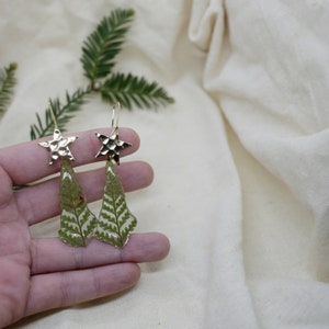 Christmas Tree Earrings, Gold Plated Wire, Xmas Jewellery, Novelty Christmas Earrings, Christmas Bell Earrings, Fern Resin image 4