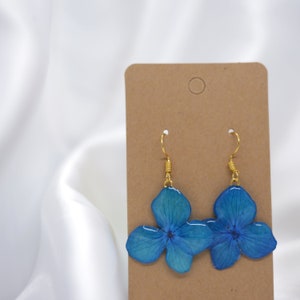 Blue Flower Earrings, Blue Turquoise Hydrangea Resin Earrings, Real Pressed Flowers, Drop and Dangle Hoop Jewellery, Gift for her image 7