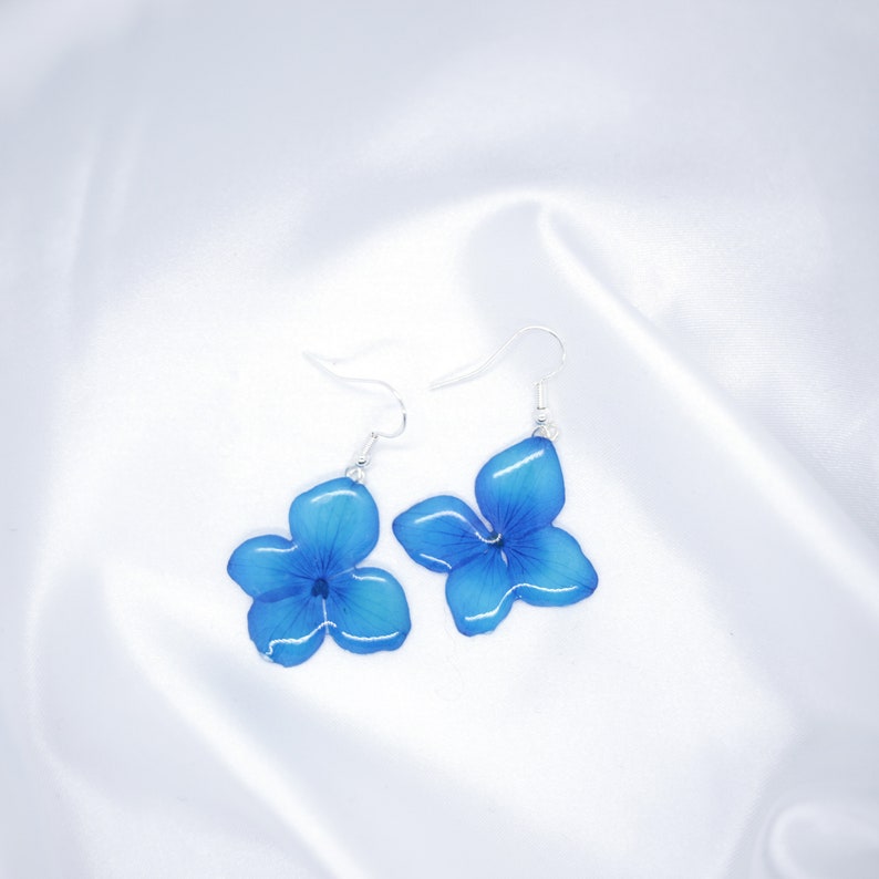 Blue Flower Earrings, Blue Turquoise Hydrangea Resin Earrings, Real Pressed Flowers, Drop and Dangle Hoop Jewellery, Gift for her image 5