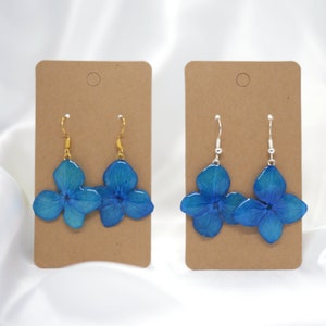 Blue Flower Earrings, Blue Turquoise Hydrangea Resin Earrings, Real Pressed Flowers, Drop and Dangle Hoop Jewellery, Gift for her image 9