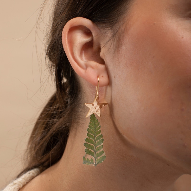 Christmas Tree Earrings, Gold Plated Wire, Xmas Jewellery, Novelty Christmas Earrings, Christmas Bell Earrings, Fern Resin image 2