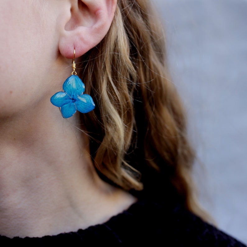 Blue Flower Earrings, Blue Turquoise Hydrangea Resin Earrings, Real Pressed Flowers, Drop and Dangle Hoop Jewellery, Gift for her image 1