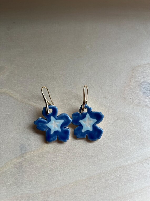 Ceramic blue flower earrings with 14K gold plated hooks