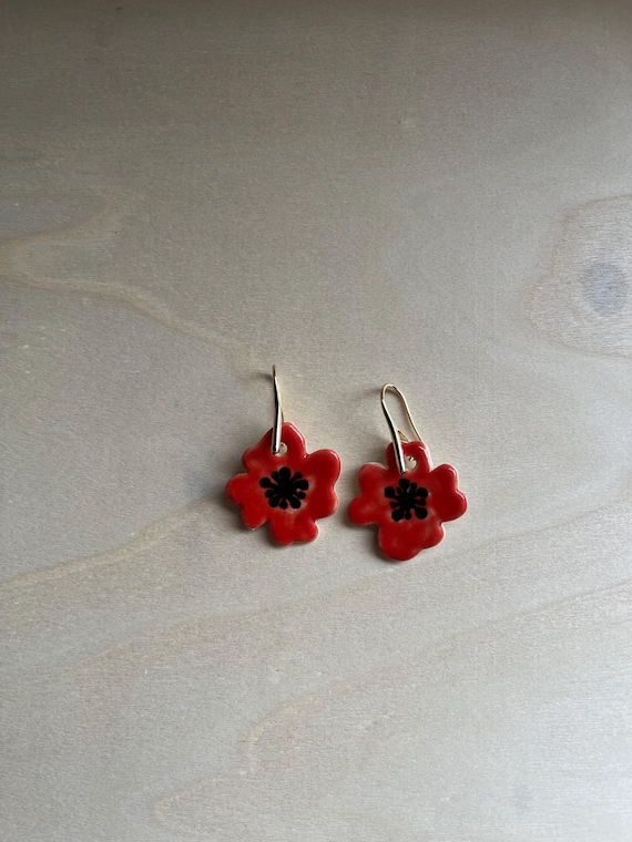 Ceramic red flower earrings with 14K gold plated hooks