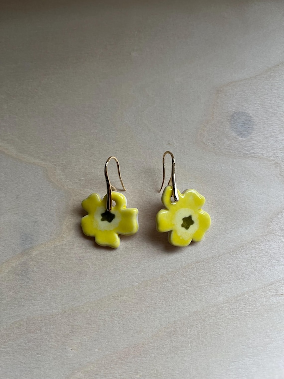 Ceramic yellow flower earrings with 14K gold plated hooks
