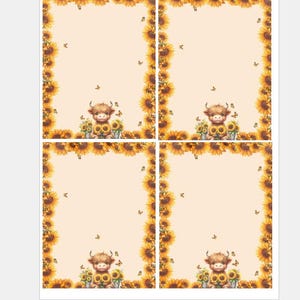 Könnte beinhalten: Vierfeld-Bild mit einer Cartoon-Hochlandkuh, die Sonnenblumen hält. Jedes Feld hat einen Sonnenblumenrand und kleine Schmetterlinge. Der Hintergrund ist hellbeige, mit der Kuh und den Blumen in der Mitte.