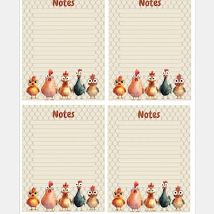 May include: Four notepads with a light beige background and a chicken-themed design. Each notepad has a lined section for writing and the word "Notes" at the top. The bottom of each notepad features a row of cartoon chickens in various colors.