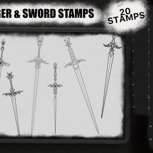 May include: A set of 20 black and white dagger and sword stamps. The stamps are arranged in a grid pattern on a white background. The text "DAGGER & SWORD STAMPS" is at the top of the image. The text "20 STAMPS" is at the top right of the image.