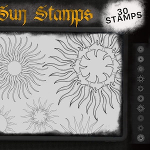 May include: A set of 30 sun stamps, featuring various designs of sunbursts and rays. The stamps are black and white and are arranged in a grid pattern. The text "Sun Stamps" and "30 Stamps" is visible in the image.