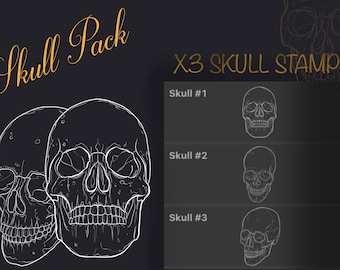 May include: Digital artwork showing a skull pack with three skull stamps. The words "Skull Pack" are in gold script. The image shows two detailed white skull illustrations and three skull stamp designs.