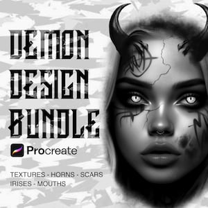 May include: Black and white digital illustration of a demon with horns, scars, and a piercing. The text "DEMON DESIGN BUNDLE" is at the top of the image. The text "Procreate" is below the text "DEMON DESIGN BUNDLE". The text "TEXTURES - HORNS - SCARS IRISES - MOUTHS" is at the bottom of the image.
