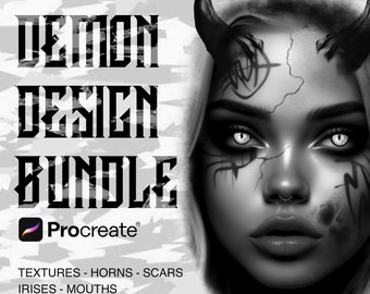 May include: Black and white digital illustration of a demon with horns, scars, and a piercing. The text "DEMON DESIGN BUNDLE" is at the top of the image. The text "Procreate" is below the text "DEMON DESIGN BUNDLE". The text "TEXTURES - HORNS - SCARS IRISES - MOUTHS" is at the bottom of the image.