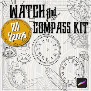 May include: A set of 100 watch and compass stamps. The stamps are black and white line drawings of various watches and compasses. The image includes the text "WATCH And COMPASS KIT 100 Stamps".
