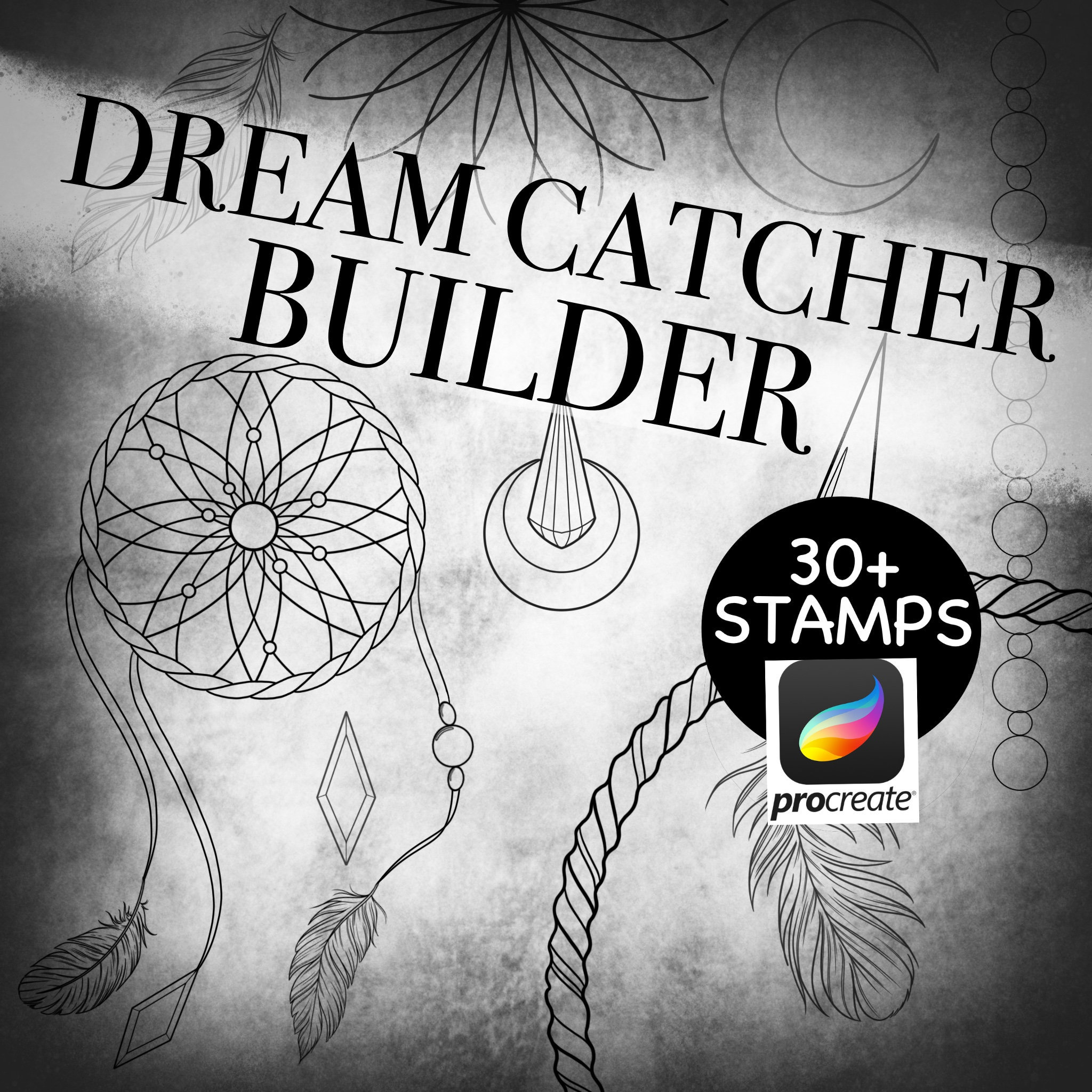 Dream Catcher Builder Procreate Stamps & Brushes for Tattoo Flash, Scrapbooking, Feathers, Beads, Charms