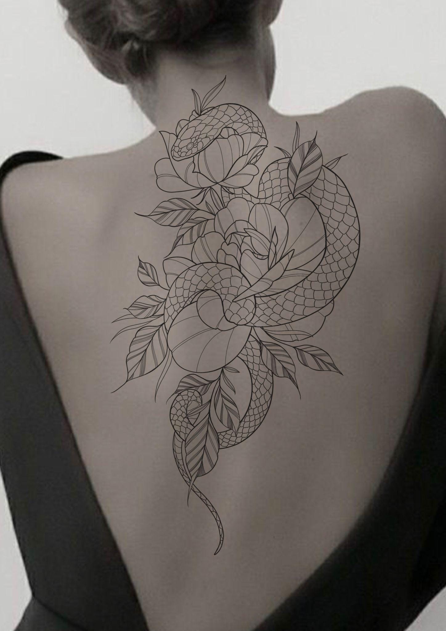 Snake and Peony Flower Tattoo Design | Instant Download | Linework ...