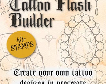 May include: Tattoo Flash Builder graphic with a yellow circle that says "40+ STAMPS" and the text "Create your own tattoo designs in procreate".