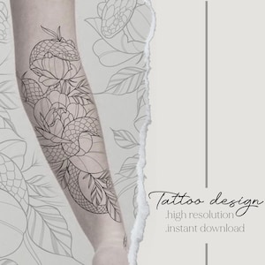 Snake and peony flower tattoo design | Instant Download | Linework Stencil | Print Ready