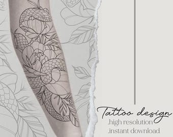 Snake and peony flower tattoo design | Instant Download | Linework Stencil | Print Ready