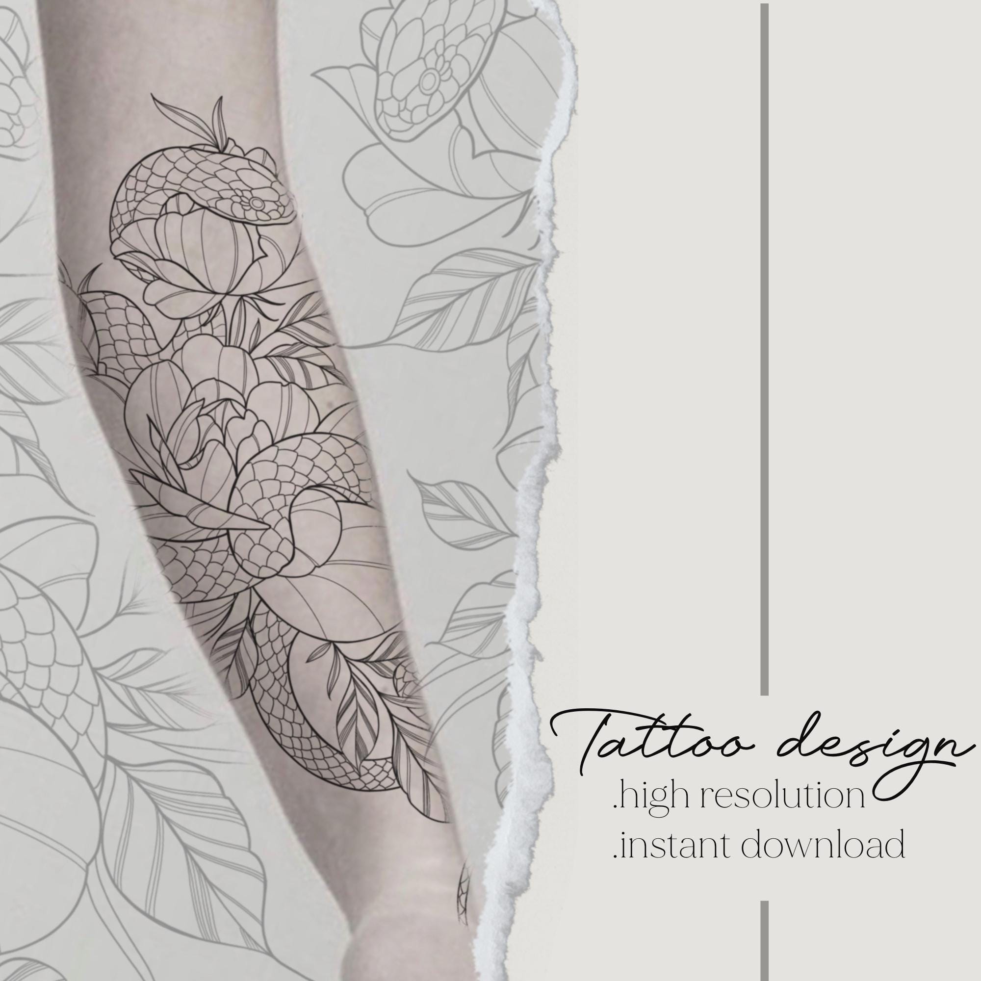 Snake and Peony Flower Tattoo Design | Instant Download | Linework ...
