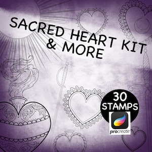 May include: A digital illustration of a kit of 30 sacred heart stamps for Procreate. The image features a variety of heart designs, including a flaming heart, a heart with a crown of thorns, and a heart with a sword.