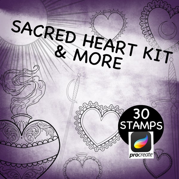 Sacred Heart Procreate Stamp Kit, Flames, Swords, Bursts, Ornamental Heart, templates, digital stamps
