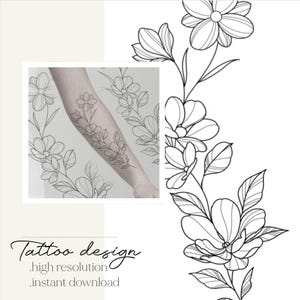 May include: Black and white floral tattoo design. The image shows a detailed line drawing of flowers and leaves, with a sample tattoo on an arm. Text reads "Tattoo design, high resolution, instant download."