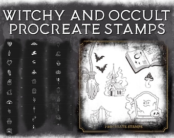 May include: A set of 21 black and white witchy and occult themed Procreate stamps. The stamps include a variety of images, such as a broom, a church, a tombstone, a book, a mushroom, a spider web, and a bat.