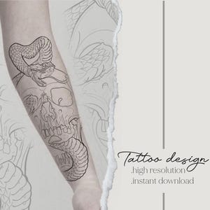Snake And Skull Tattoo Design | Printable Template | Flash Design | Custom Tattoo | Tattoo Outline