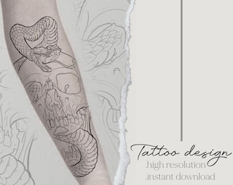 May include: Line art tattoo design of a skull with a snake wrapped around it. The design is in black and white and is suitable for a forearm tattoo.