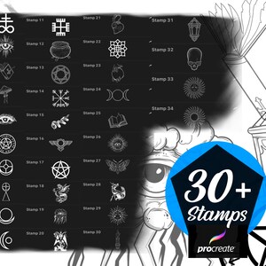 May include: A black and white image of 30+ stamps for the Procreate app. The stamps feature various occult and mystical symbols, including pentagrams, eyes, moons, and more.