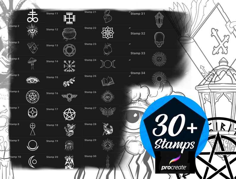 May include: A black and white image of 30+ stamps for the Procreate app. The stamps feature various occult and mystical symbols, including pentagrams, eyes, moons, and more.