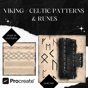 May include: An image featuring Viking and Celtic patterns and runes. The image includes over 20 patterns and 24 runes. The patterns are intricate line drawings, and the runes are displayed on a parchment-like background. The Procreate logo is visible.