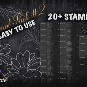 Peut inclure: Un ensemble de plus de 20 tampons numériques avec des motifs floraux dessinés à la main dans un style de craie blanche sur un fond noir. Le texte "Floral Pack #2 EASY TO USE" est en haut de l'image.