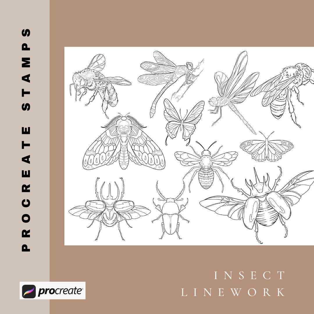 Pack de sellos Procreate de mariposas e insectos para artistas PMU y tatuadores – 20 pinceles de bug, abeja, escarabajo y libélula